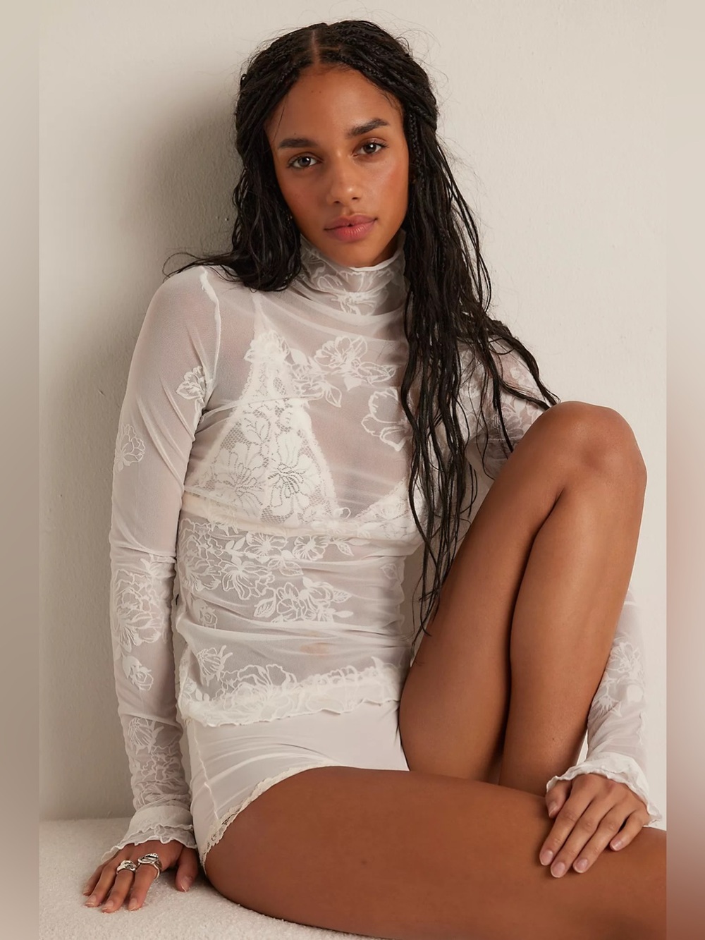Free people intimately Sheer Floral Lace Long-Sleeve Top White dainty feminine S